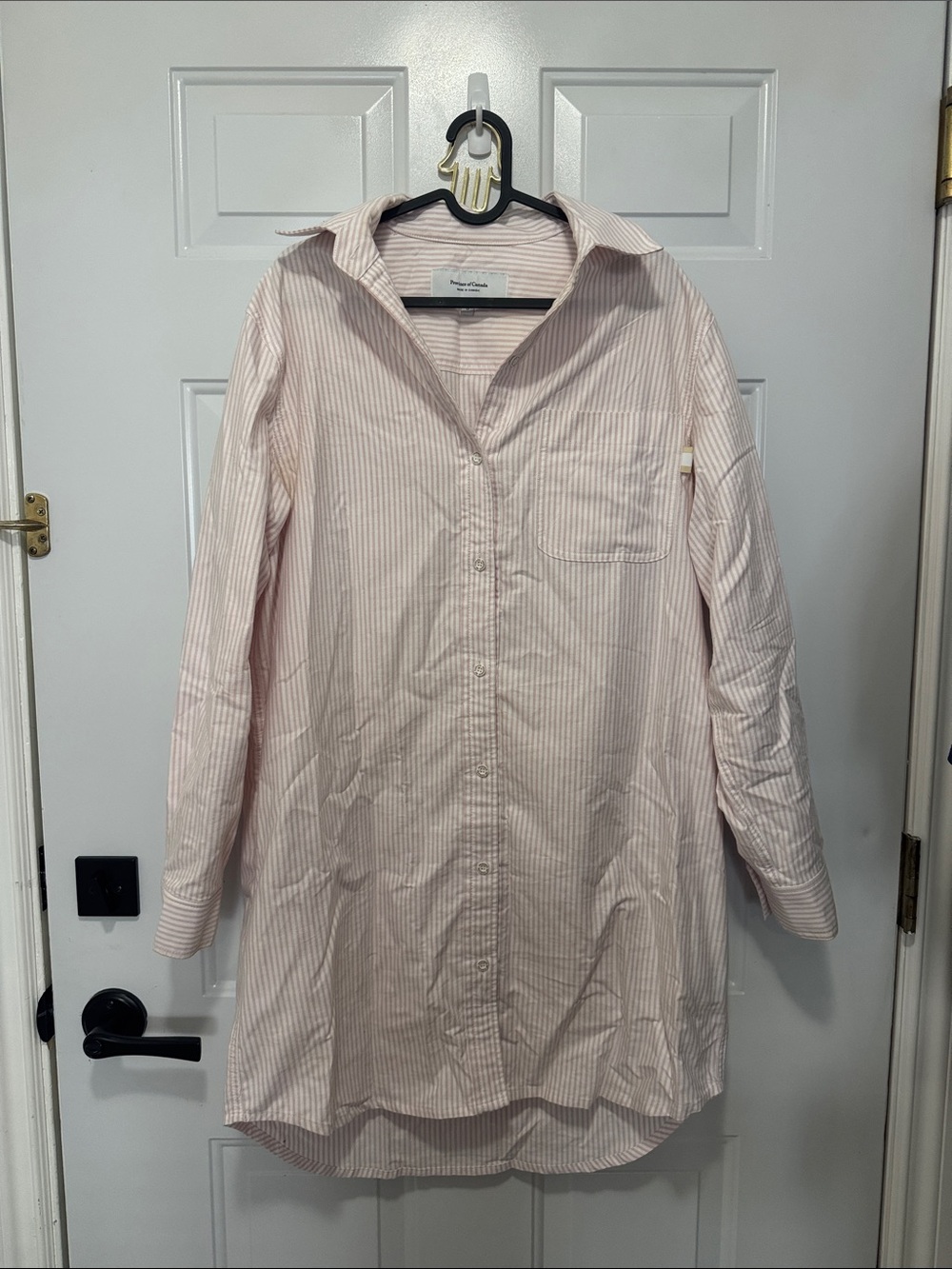 Women's Oxford Long Sleeve Button-Down Shirt Dress in Light Pink Stripe